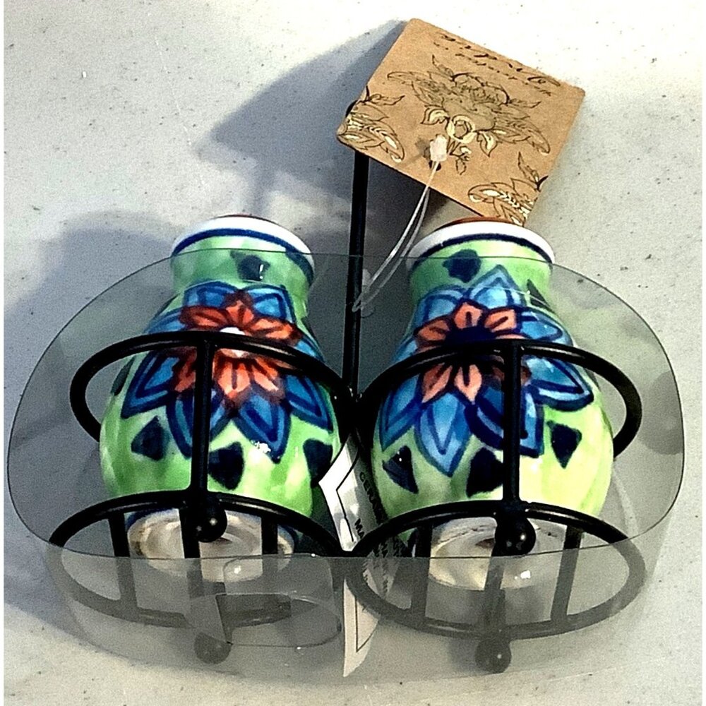Salt and Pepper Shaker Hand Painted Iron Holder Handcrafted India Ceramic - Picture 7 of 7
